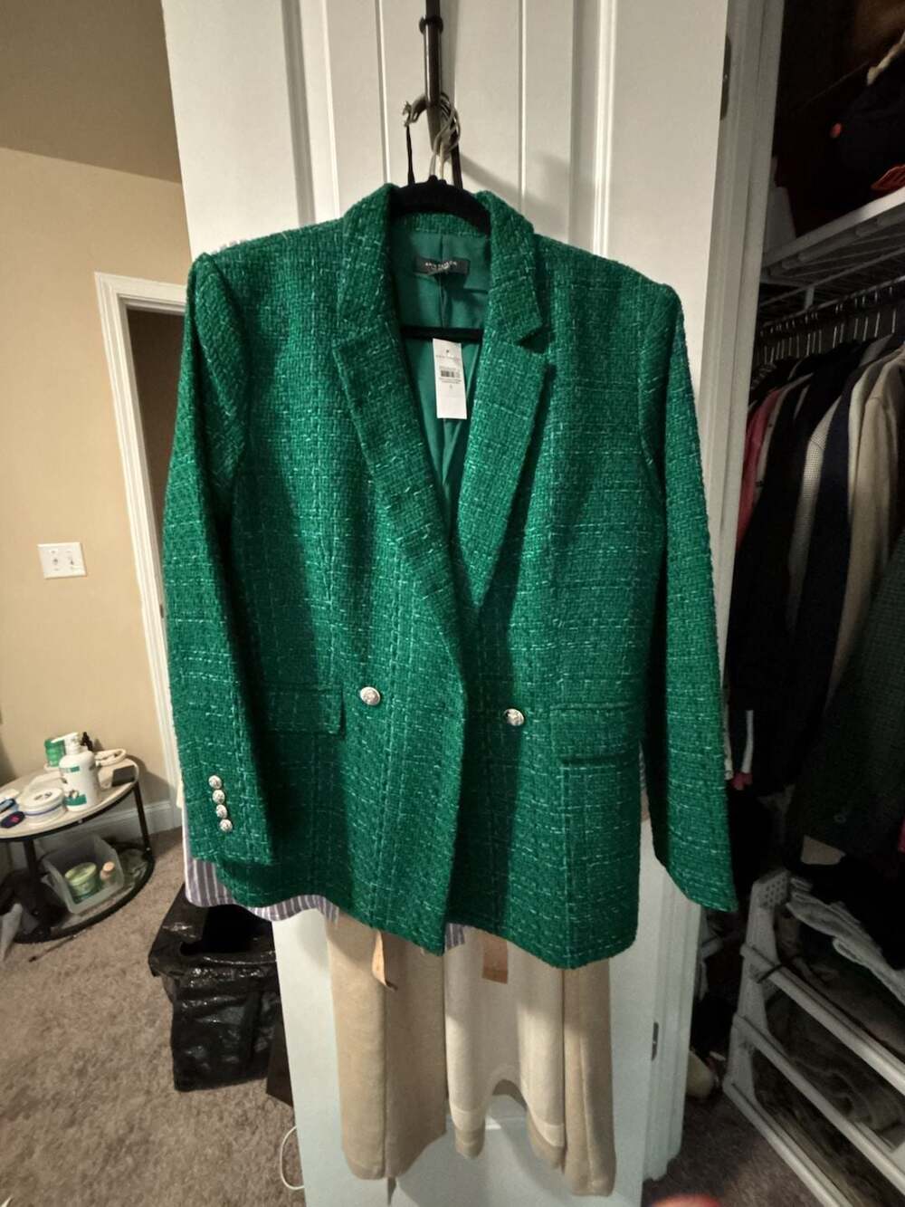 Ann Taylor The Crosby Green Tweed Double Breasted Blazer Size 8